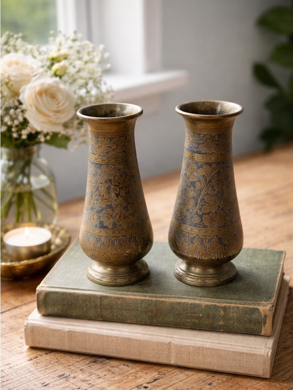 Decorative Brass Floral Etched Vases — Antique Gold Pair